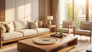 La bàn phong thủy trên bàn gỗ phòng khách giúp xác định chuẩn xác quý dậu 1993 hợp hướng nào