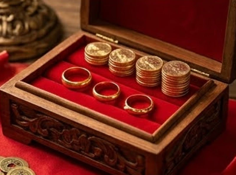 Những cọc tiền tiết kiệm và nhẫn vàng trơn được cất giữ cẩn thận trong hộp gỗ