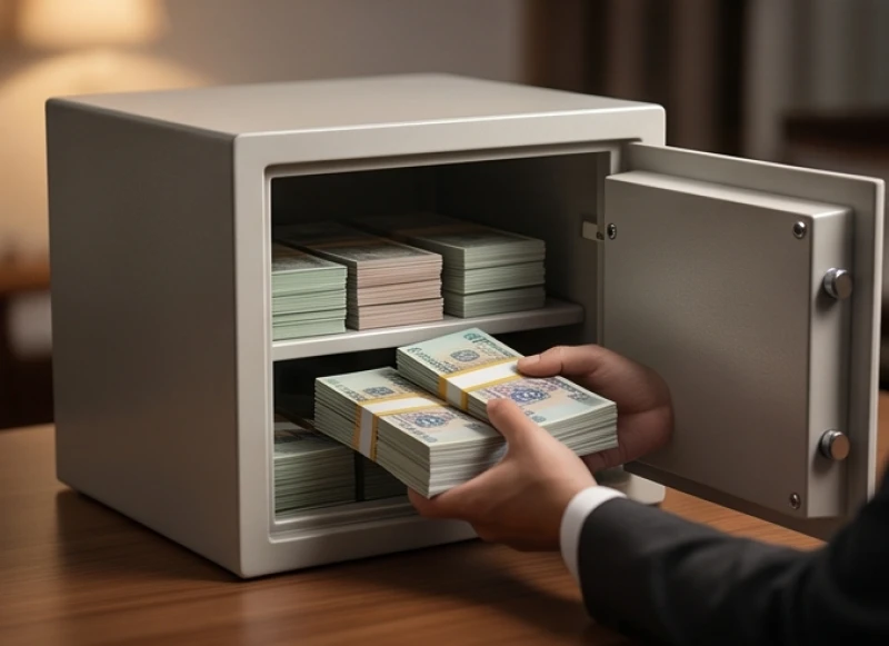 Xấp tiền mặt được cất gọn gàng vào két sắt nhỏ nhằm bảo vệ tài chính trong gia đình
