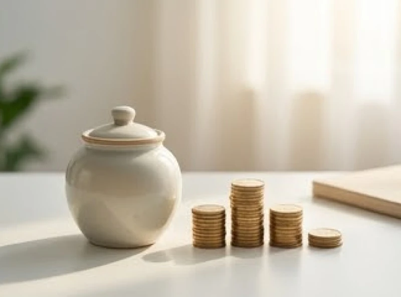 Hũ tiết kiệm nhỏ và những đồng xu kim loại đại diện cho quỹ dự phòng tài chính cá nhân