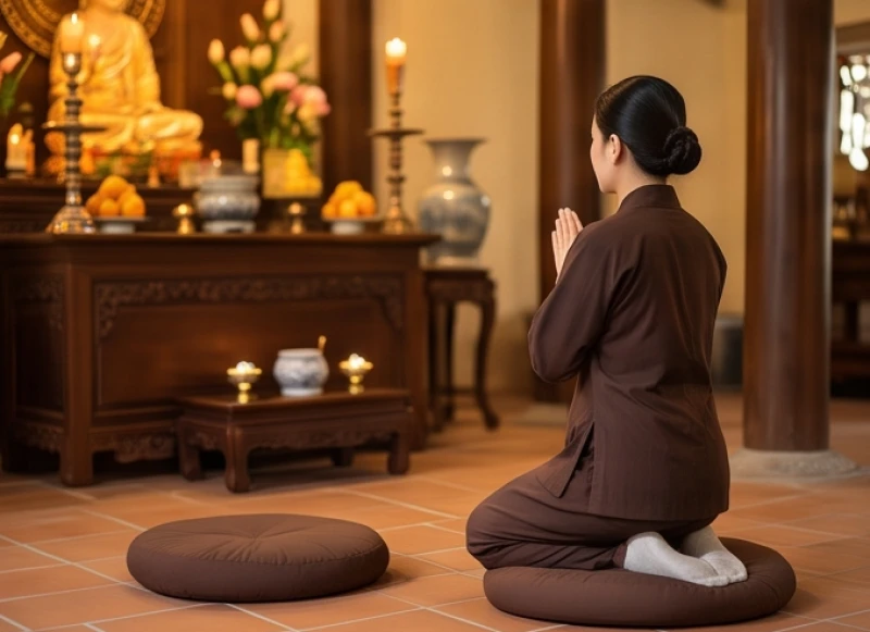 Tín chủ quỳ gối ngay ngắn trên chiếc bồ đoàn tròn trước ban thờ, lưng giữ thẳng và hướng ánh nhìn lên tượng Phật