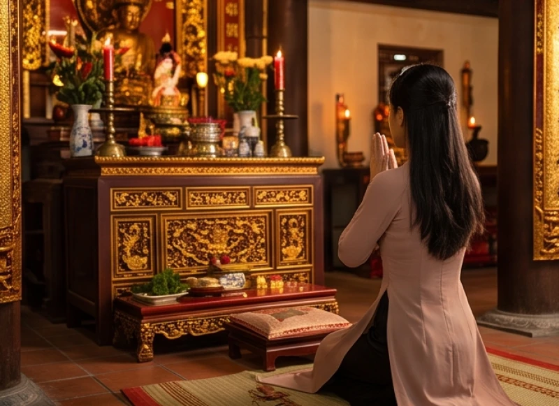 Người đi lễ quỳ gối chắp tay thành kính khấn nguyện trước Điện Mẫu trong không gian tĩnh lặng của chùa