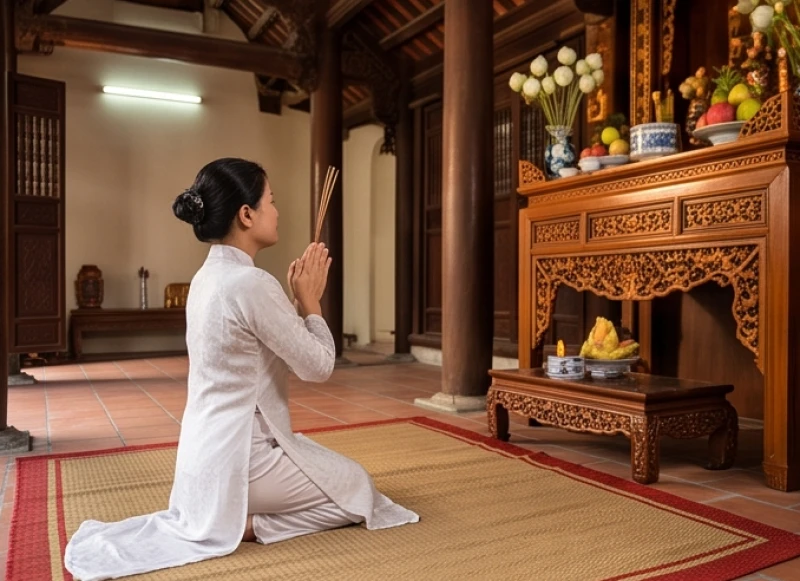 Tư thế quỳ thẳng lưng và chắp tay thành kính khi thỉnh khấn trước án tiền tại đền Cô Bơ