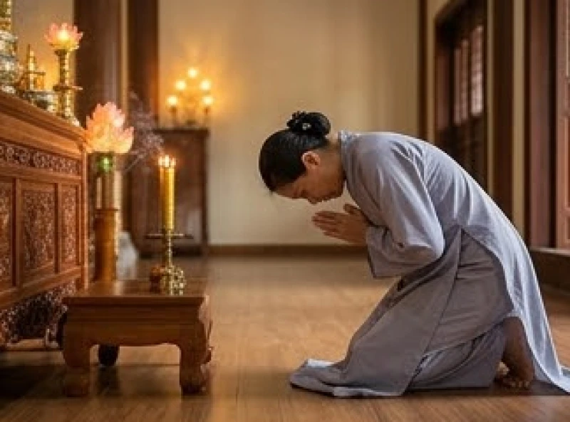Văn khấn sám hối tại chùa: Trình tự các ban và mâm lễ chuẩn 3 Nữ Phật tử mặc áo lam quỳ lạy dập đầu tại không gian chánh điện để sám hối mọi tội lỗi