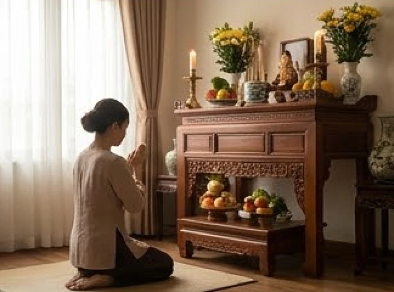 Khung cảnh thành tâm quỳ lạy trước bàn thờ gia tiên thể hiện sự biết ơn và lòng khiêm nhường