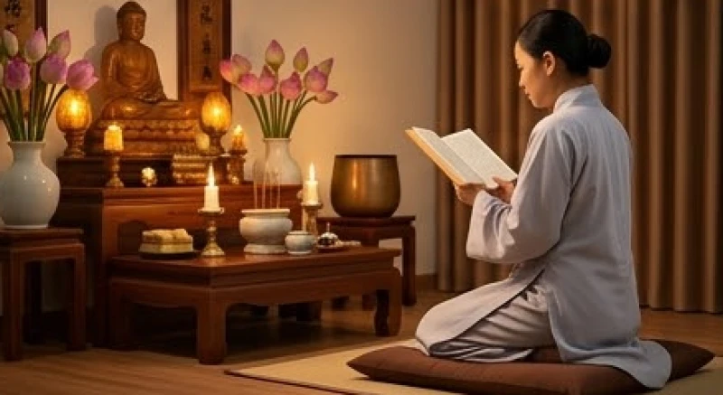 Văn khấn ngày vía Địa Tạng: Bài cúng chuẩn và khung giờ hành lễ 7 Tín đồ mặc áo tràng lam quỳ lạy trang nghiêm và đọc kinh Địa Tạng trước bàn thờ
