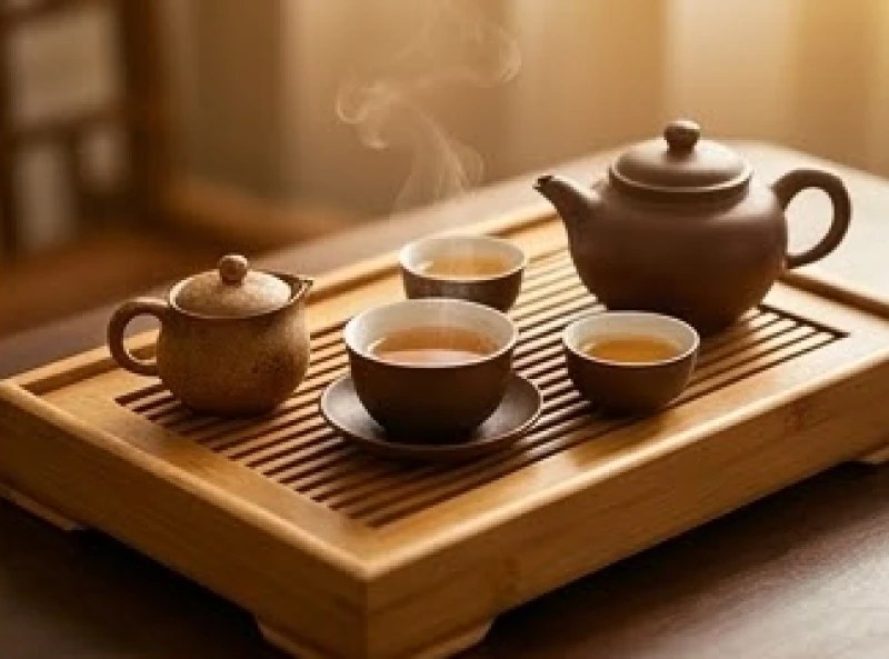 Tách trà và khay gỗ truyền thống minh họa sự hòa hợp âm dương phong thủy