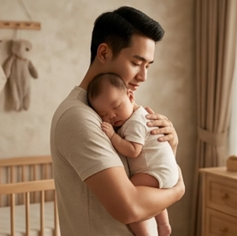 Người cha đang ôm con nhỏ vào lòng trong không gian mộc mạc thư thái