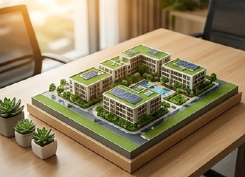 Mô hình dự án nhà ở sinh thái thu nhỏ đặt trên bàn làm việc bằng gỗ tự nhiên