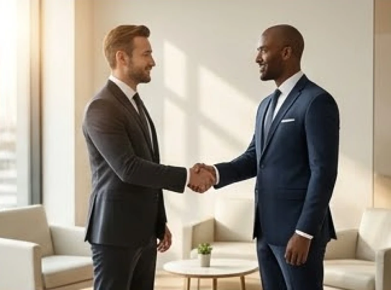 Sự nghiệp tuổi Ngọ: Chọn nghề theo nạp âm và hóa giải vận 2026 6 Hai nam doanh nhân đang bắt tay nhau sau khi đạt được thỏa thuận hợp tác chiến lược tại phòng khách công ty