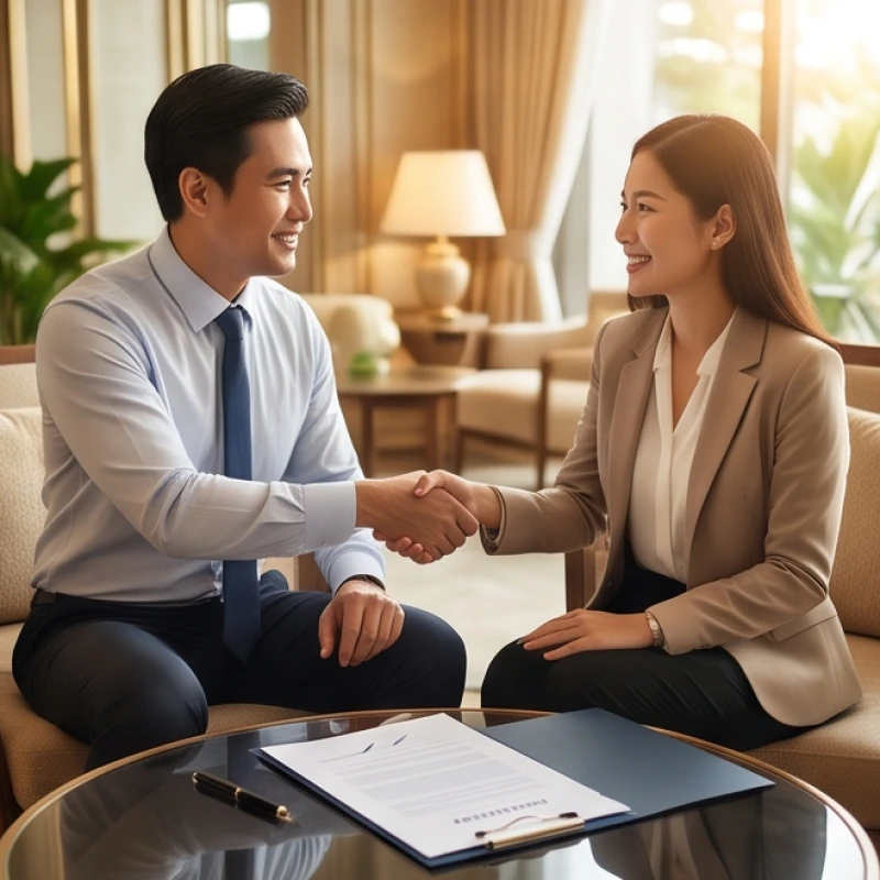 Hai doanh nhân vui vẻ bắt tay ký kết hợp đồng tại phòng khách sang trọng, tượng trưng cho cơ hội hợp tác và tài lộc nhân đôi