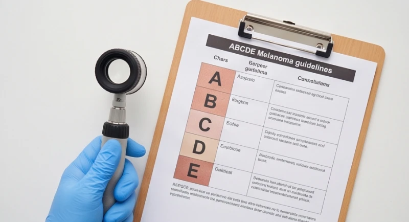 Bác sĩ cầm bảng ghi chú các tiêu chuẩn ABCDE để đánh giá tình trạng nốt ruồi trên da