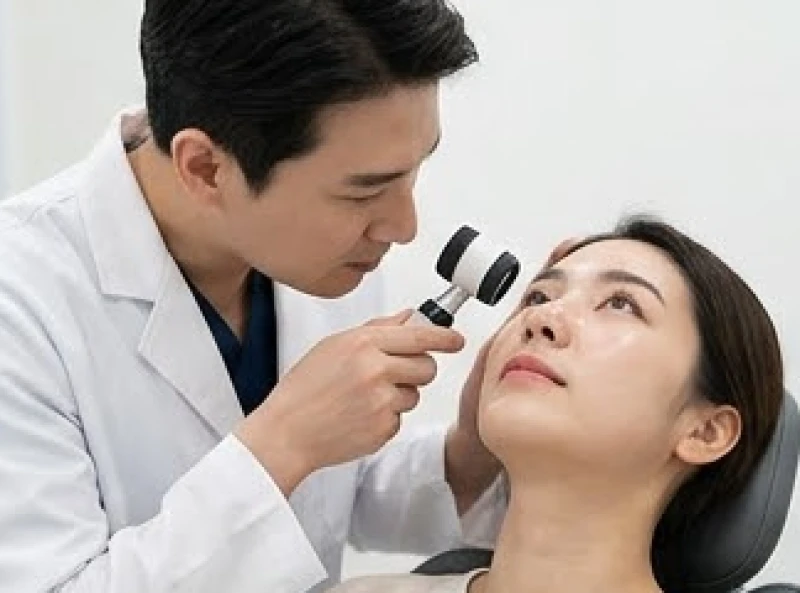 Bác sĩ da liễu dùng kính lúp soi da để kiểm tra các dấu hiệu bất thường của nốt ruồi