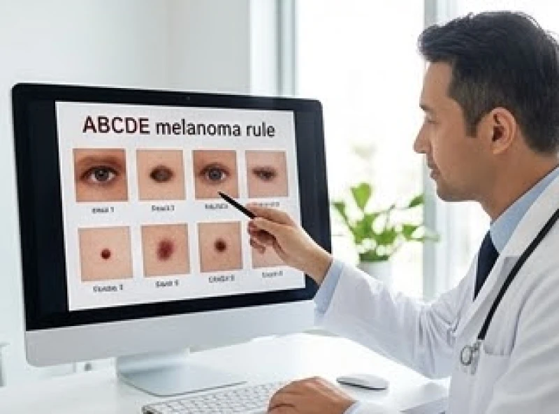 Bác sĩ giải thích biểu đồ quy tắc ABCDE chẩn đoán u hắc tố ác tính trên màn hình máy tính