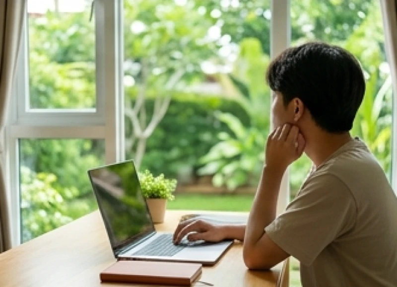 Học sinh tạm rời mắt khỏi màn hình máy tính và nhìn ra không gian xanh bên ngoài cửa sổ