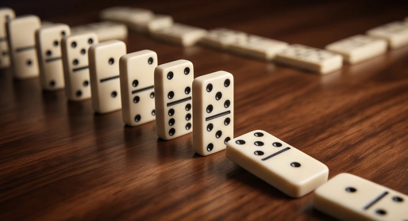 Mơ thấy số 72: Giải mã điềm báo sự nghiệp & cách hóa giải 3 Các quân cờ domino có chấm bi xếp cạnh nhau trên bàn gỗ minh họa cho quy luật xoay chuyển và liên kết các con số may mắn