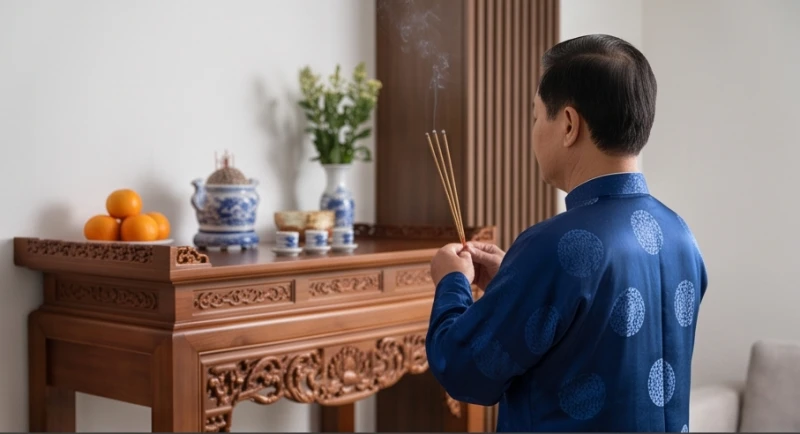 Người đàn ông trung niên mặc áo dài truyền thống đang đứng dâng hương trước án gian gỗ trong căn hộ hiện đại