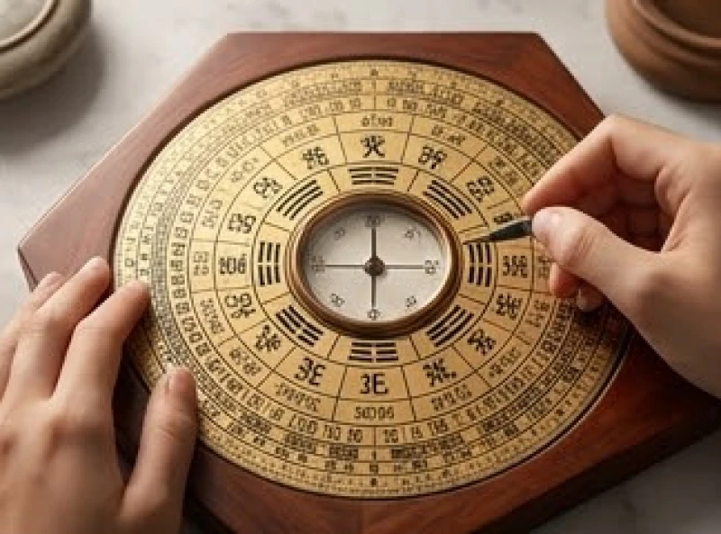Một người đang dùng ngón tay đối chiếu các mốc thời gian trên chiếc la bàn phong thủy bằng gỗ