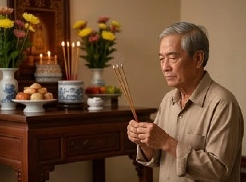 Văn khấn đầy tháng tại nhà nội: Bài cúng gia tiên và 12 Bà Mụ 3 Người ông đang chắp tay thắp nhang thực hiện quy trình cúng đầy tháng trước bàn thờ
