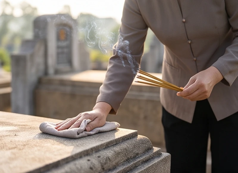 Gia đình dọn dẹp và thắp hương tại phần mộ trong tiết Thanh Minh