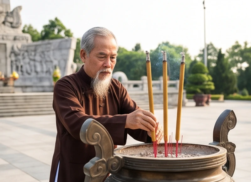 Văn khấn tại đài tưởng niệm liệt sĩ: Bài cúng chuẩn nghi lễ 4 Đại diện đoàn cẩn thận cắm ba nén hương lớn vào lư hương trung tâm tại đài tưởng niệm