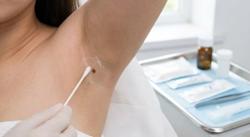 Nốt ruồi dưới nách mang ý nghĩa gì? Giải mã tướng số và y học 13 Lớp kem ủ tê được thoa mỏng lên vị trí nốt ruồi chuẩn bị cho quá trình điều trị laser