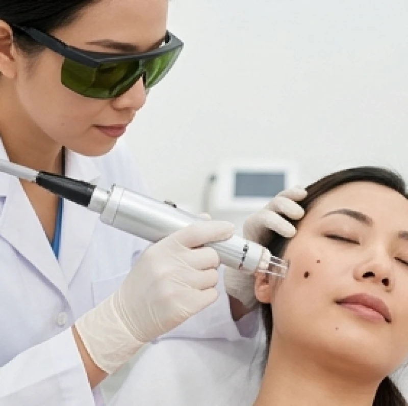 Nốt ruồi ở má phải: Ý nghĩa nam nữ, vị trí & chi phí tẩy Laser 8 Bác sĩ da liễu đang chiếu tia Laser CO2 để tẩy nốt ruồi ở má phải cho bệnh nhân một cách an toàn
