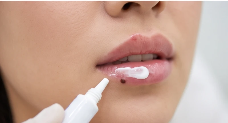 Lớp kem ủ tê được thoa cẩn thận lên vị trí nốt ruồi viền môi trước khi tiến hành thủ thuật