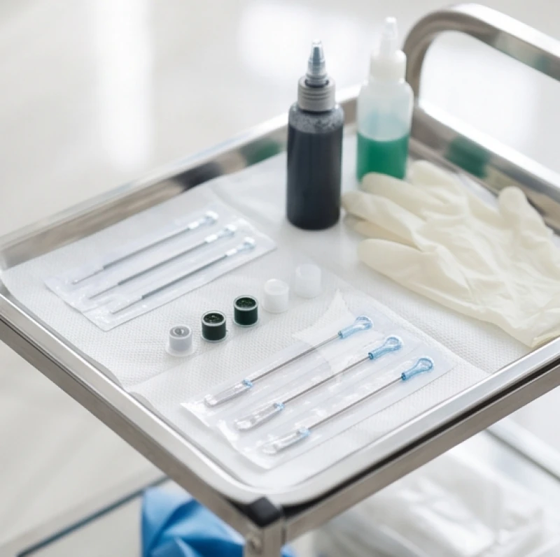 Một khay mực xăm mới được chuẩn bị bằng dụng cụ đã qua tiệt trùng đảm bảo tiêu chuẩn y tế an toàn