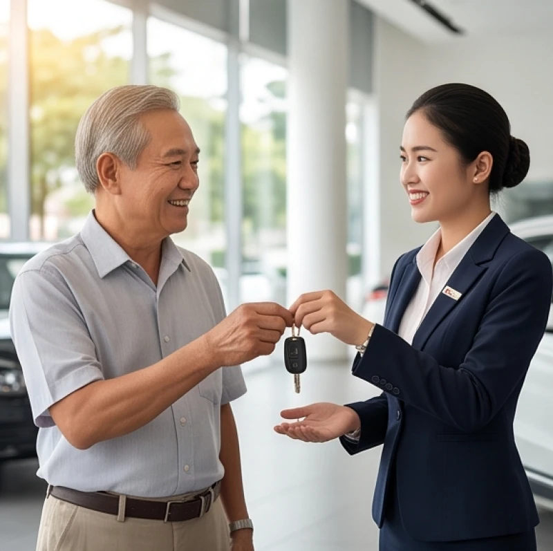 Người lớn tuổi nhận chìa khóa ô tô từ nhân viên tư vấn bán hàng bằng thái độ hân hoan