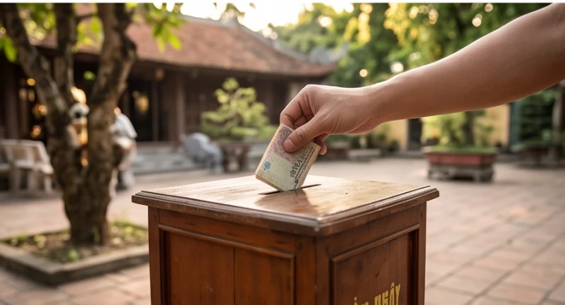 Bàn tay đang bỏ số tiền nhỏ nhặt được vào hòm công đức bằng gỗ tại một ngôi chùa thanh tịnh