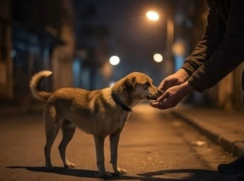 Đôi bàn tay nhẹ nhàng trao thức ăn cho một chú chó nhỏ tại trạm cứu hộ động vật