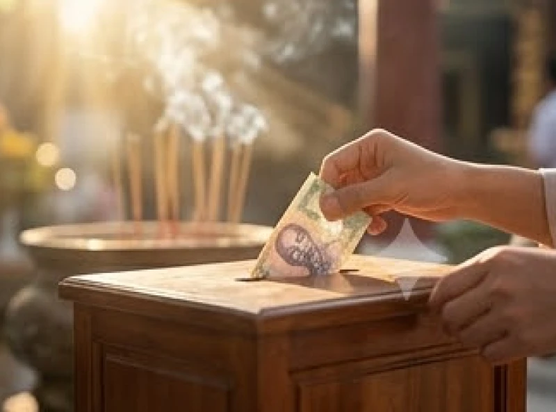 Hành động thả tiền lẻ vào hòm quyên góp công đức nhằm chuyển hóa năng lượng vật chất thành phước lành