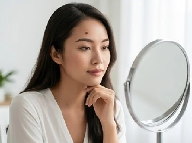 Cô gái soi gương cẩn thận quan sát nốt ruồi bên phải trán trước khi quyết định tẩy