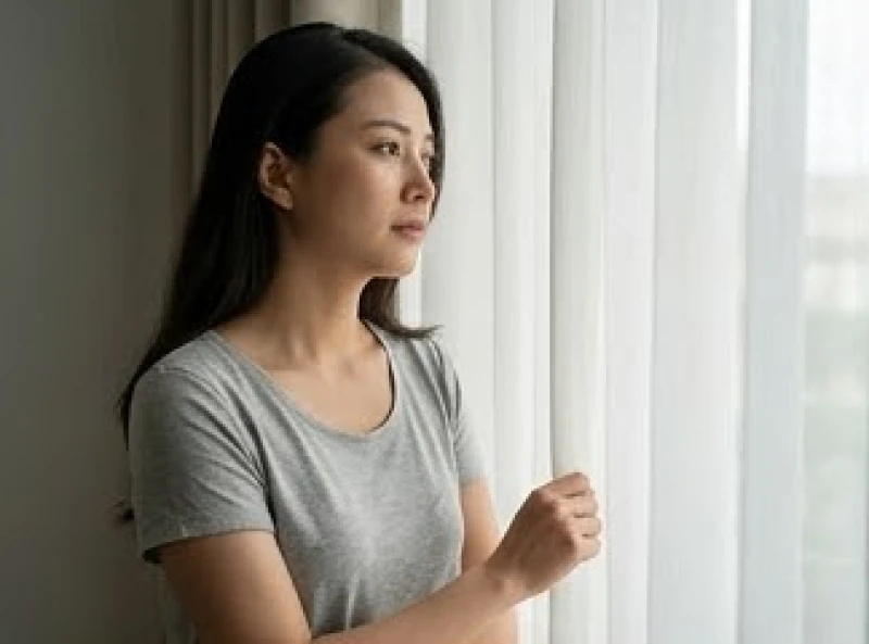 Mơ thấy bẻ gãy răng: Điềm báo tâm lý và sổ mơ tài lộc 1 Người phụ nữ đứng trước cửa sổ tĩnh lặng suy nghĩ về những ngã rẽ và thay đổi quan trọng trong cuộc đời