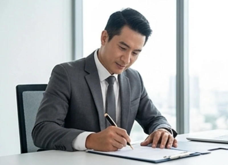 Sự nghiệp tuổi Mùi: Chọn nghề theo năm sinh và đối tác làm ăn 3 Nam quản lý đang dứt khoát ký duyệt hợp đồng trên bàn làm việc tràn ngập ánh sáng tự nhiên
