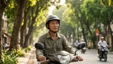Người đi xe máy bình tĩnh dừng chờ nhường đường để đón nhận điềm lành khi ra khỏi nhà gặp xe tang