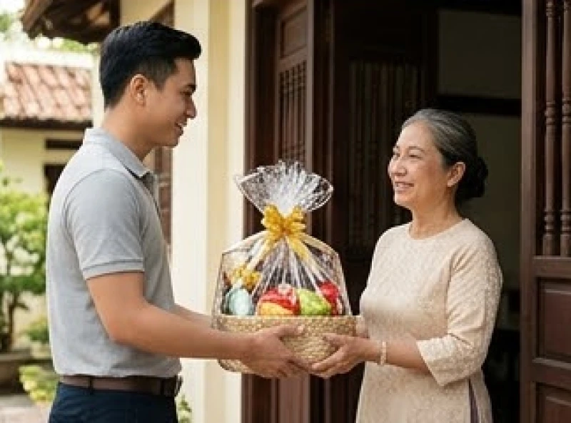 Chàng trai trẻ xách giỏ quà tết đến thăm và ra mắt gia đình bạn gái với phong thái lịch sự và lễ phép