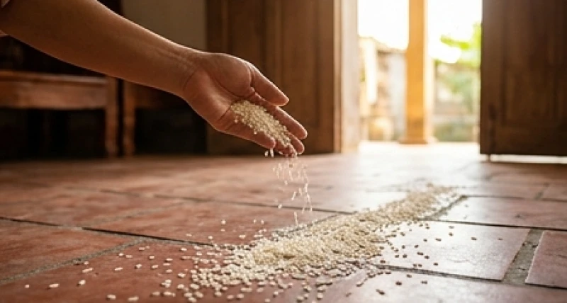 Bàn tay rắc những hạt gạo trắng xuống nền gạch đỏ để dẫn dụ con gà lạ đi ra ngoài hiên