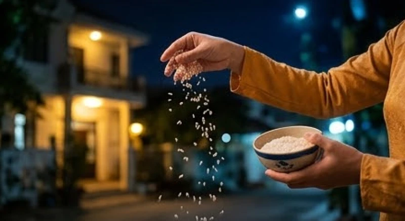 Gia chủ bốc từng nắm gạo và muối rắc ra ngoài sân sau khi cúng xong