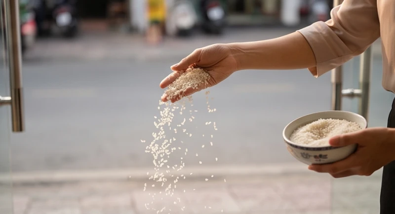 Hành động hất tay rải muối và gạo ra phía ngoài mặt đường trước tiệm