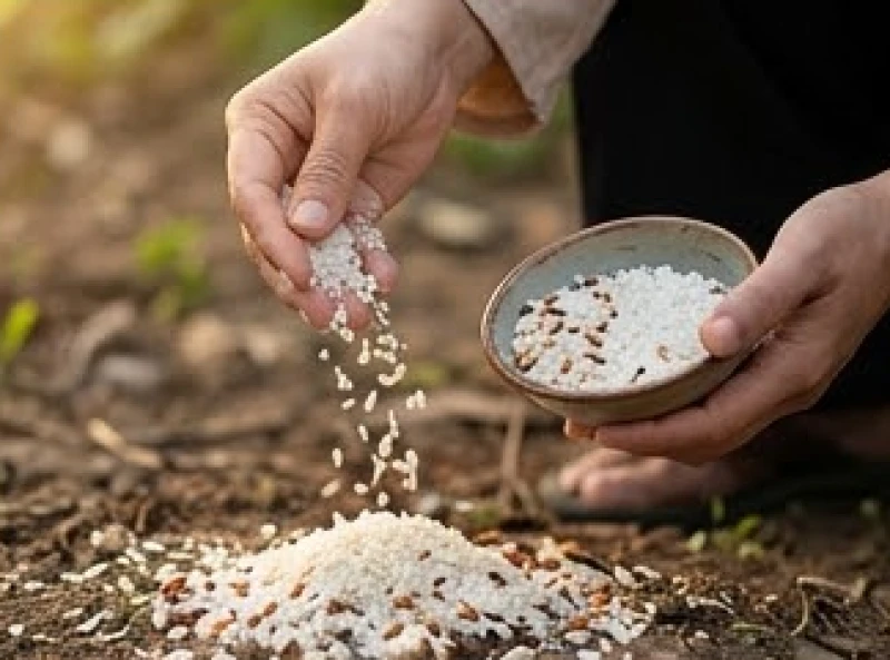 Đôi bàn tay rắc gạo và muối ra xung quanh nhà để thanh tẩy không gian