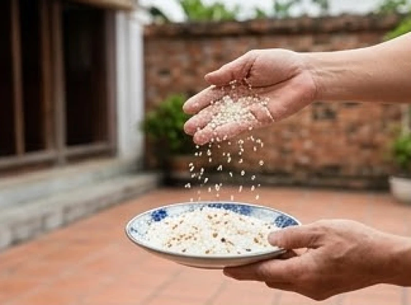 Bàn tay đang rắc đều những hạt gạo và muối trắng tinh ra trước hiên nhà sau khi cúng xong