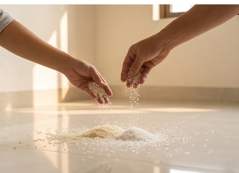 Gia chủ thực hiện nghi thức rắc gạo và muối hạt xung quanh các góc nhà sau khi hoàn tất việc hóa vàng