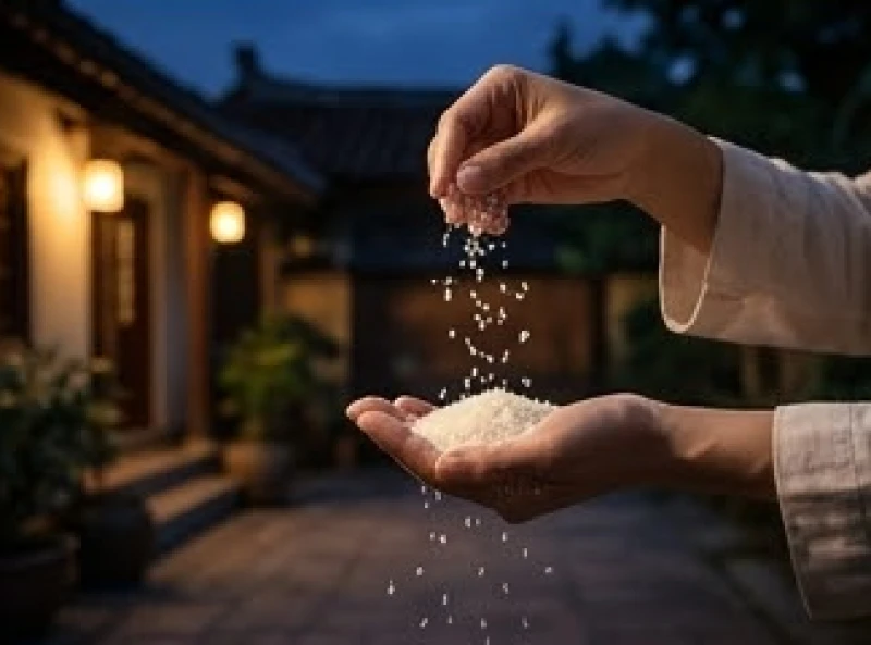 Đôi bàn tay rắc nhẹ nhàng gạo và hạt muối ra xung quanh sân nhà sau khi hoàn tất nghi lễ dâng sao