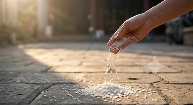 Rắc đều đĩa gạo và hạt muối xung quanh khuôn viên sân đền sau khi tạ lễ để chia sẻ lộc cho các vong linh