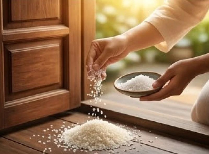 Nghi thức rải gạo và muối hạt trước cửa nhà giúp xua đuổi tà khí và hoàn tất quá trình cúng bái