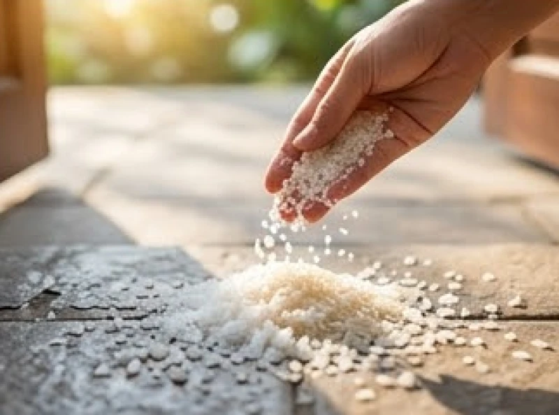 Bàn tay đang rắc đều hỗn hợp hạt gạo trắng và muối hột từ bậc thềm cửa chính hướng ra ngoài sân
