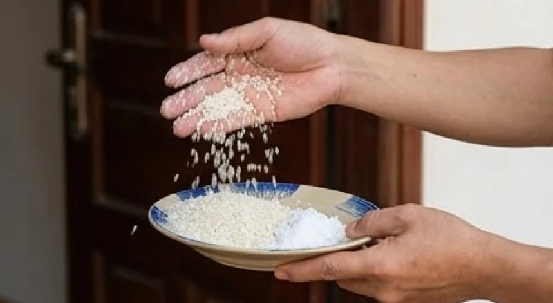 Hành động rắc đĩa gạo muối tẻ ra trước cửa nhà để xua đuổi tà khí và khép lại kết nối tâm linh.