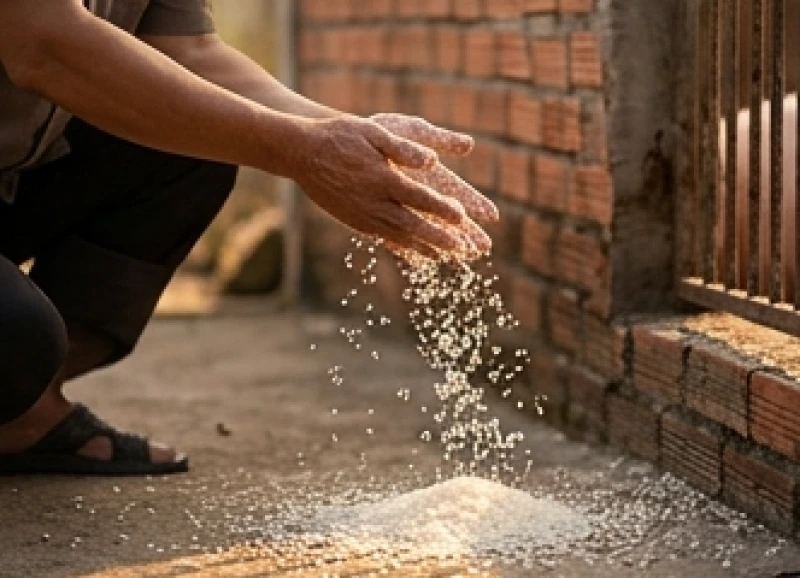 Văn khấn cúng chuồng heo chuẩn và cách sắm lễ đúng nghi thức 9 Gia chủ đang dùng tay rắc đều hạt muối và gạo xung quanh ranh giới chuồng trại